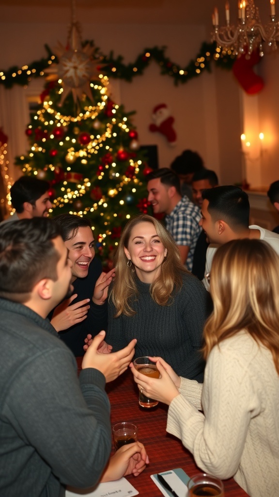 Couples playing games at a Christmas party, filled with decorations and festive cheer.